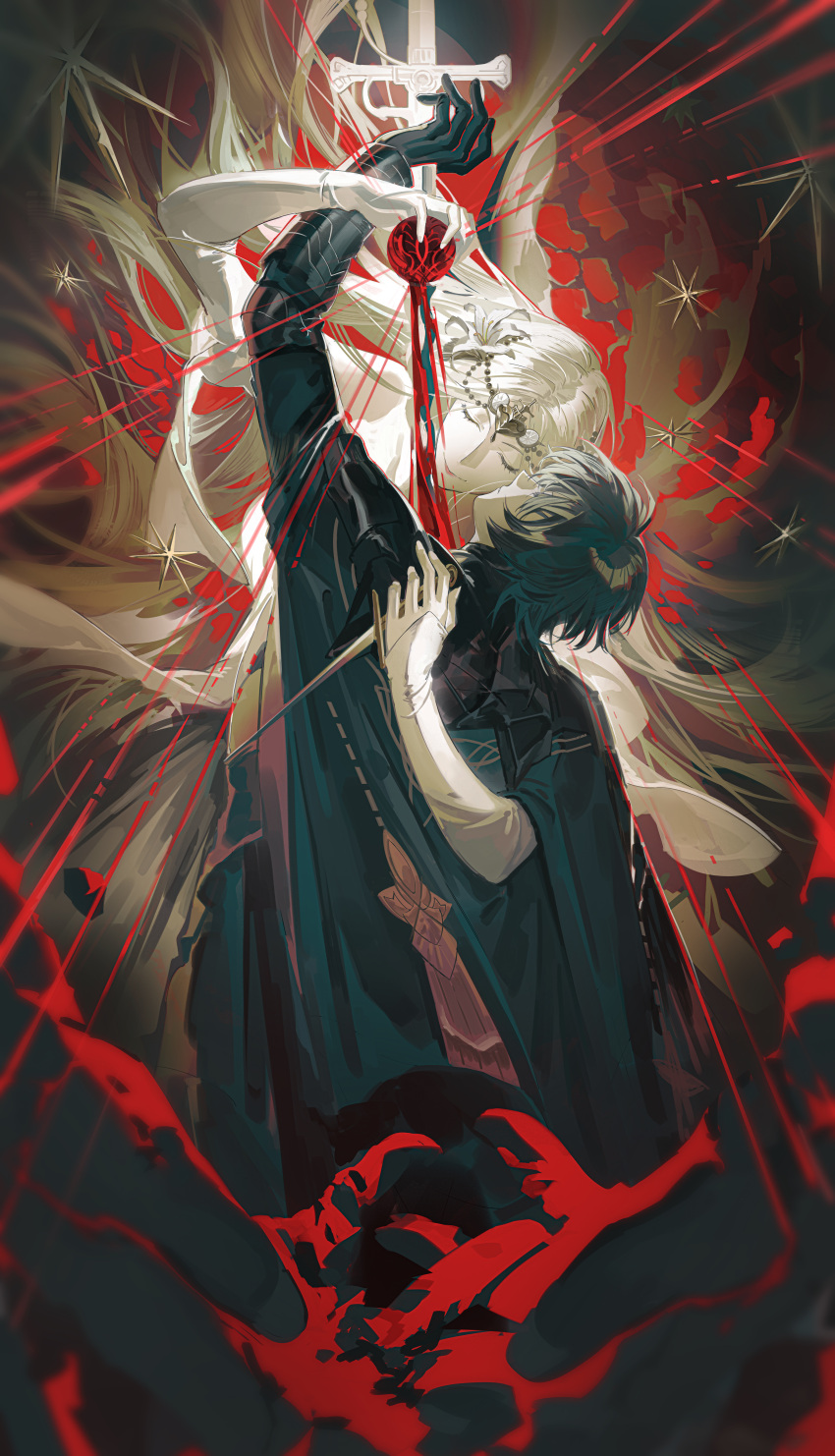 1boy, 1girl, absurdres, armor, back, bleeding, blood, blue_hair