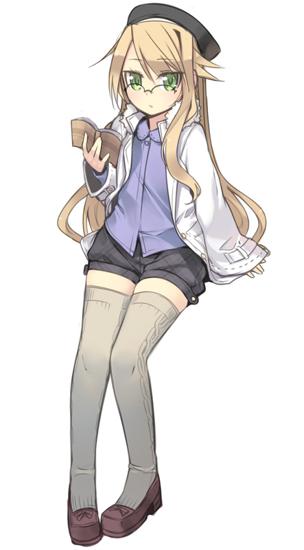 arima_senka, blonde_hair, book, glasses, green_eyes, hat, jacket, kashiwamochi_yomogi