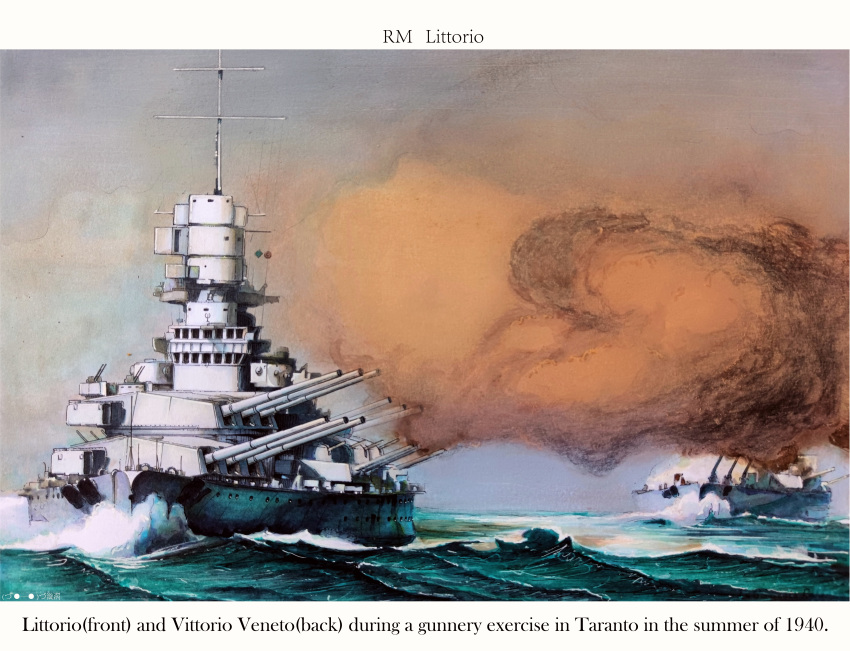absurdres, battleship, cannon, firing, highres, military_vehicle, muzzle, no_humans, ocean, oil_painting_(medium), original, painting_(medium), regia_marina, rm_littorio, rm_roma_(battleship), ship, smoke, traditional_media, vehicle_focus, vortex_(xu_xuanwo), warship, watercraft, waves