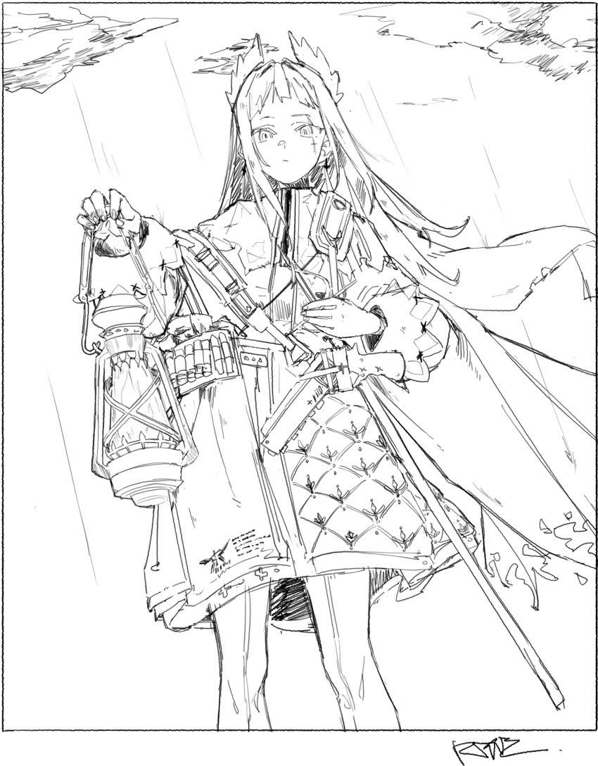 1girl, :|, arknights, bandolier, border, bullet, capelet, closed_mouth