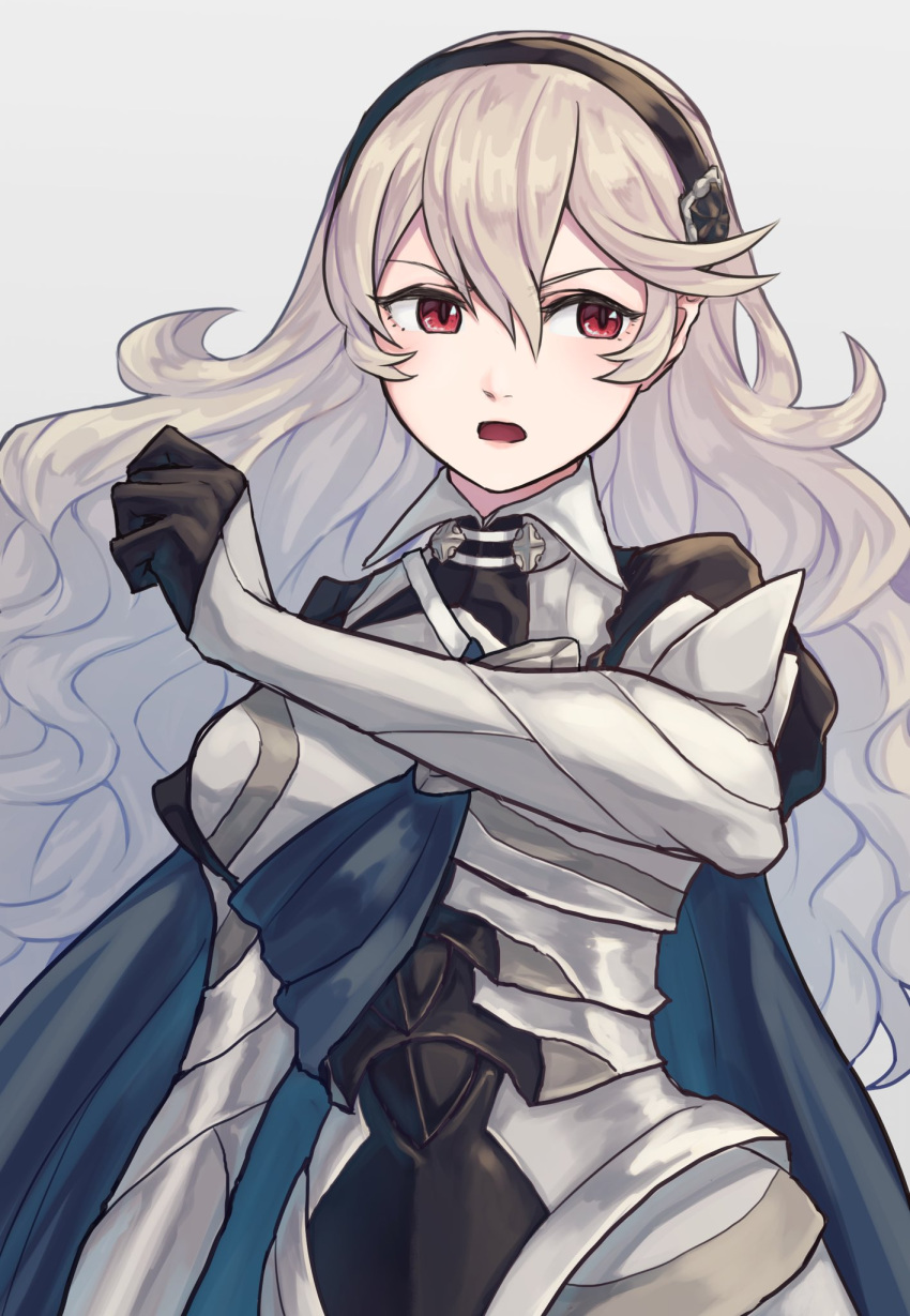 1girl, black_hairband, blue_cape, cape, corrin_(female)_(fire_emblem), corrin_(fire_emblem), facing_viewer, fire_emblem, fire_emblem_fates, grey_hair, hair_between_eyes, hairband, highres, long_hair, looking_to_the_side, open_mouth, pointy_ears, red_eyes, solo, upper_body, white_background, yuki12046
