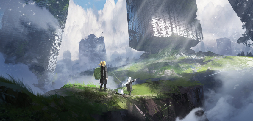 2girls, abandoned, arms_at_sides, asteroid_ill, backpack, bag, black_coat, blonde_hair, blue_sky, building, cliff, clouds, cloudy_sky, coat, cornea_(asteroid_ill), day, floating_hair, fog, grass, highres, index_finger_raised, iz_(asteroid_ill), landscape, light_rays, long_hair, multiple_girls, original, outdoors, outstretched_arm, overgrown, pointing, post-apocalypse, robot, ruins, simple_bird, sky, skyscraper, tree, twintails, very_long_hair, very_wide_shot, walking, white_hair