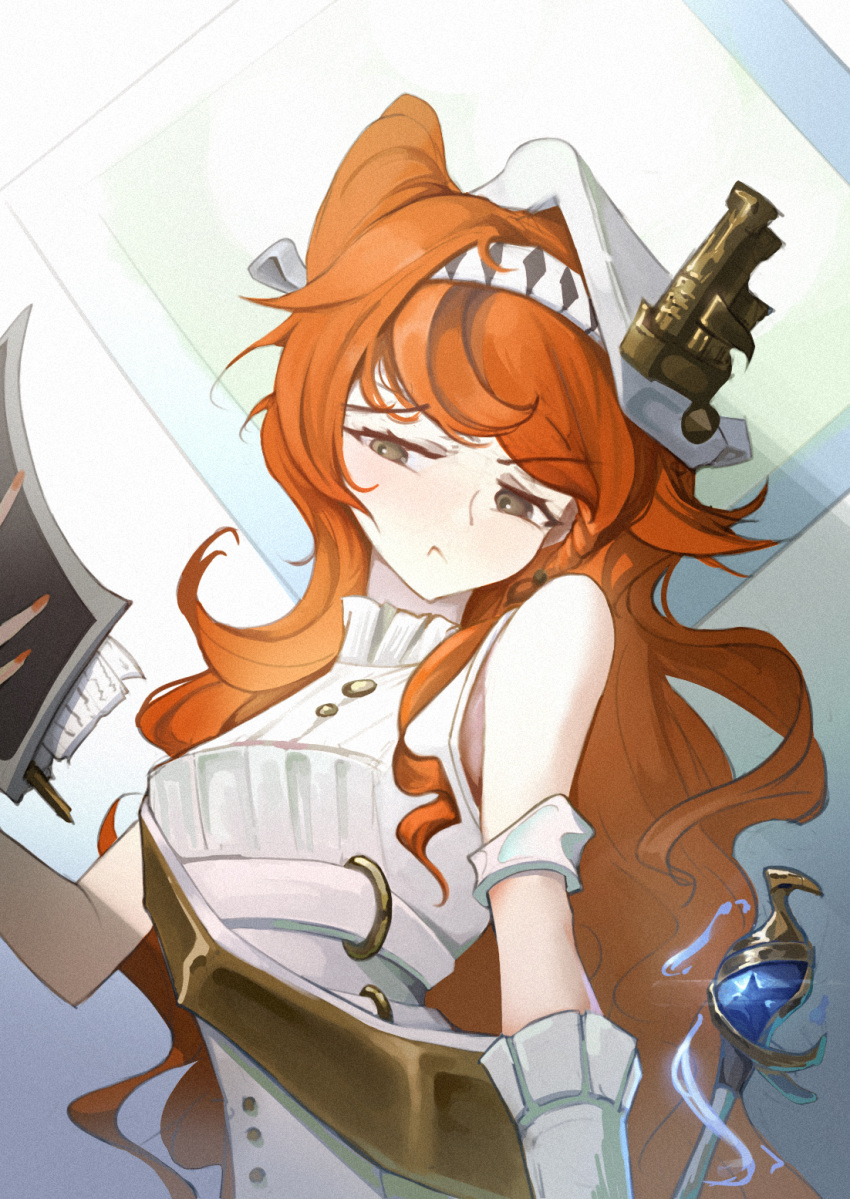 1girl, :<, bare_shoulders, beret, book, checkered_hairband, dress, gloves, green_eyes, hat, highres, holding, holding_book, long_hair, looking_to_the_side, maliketh, marching_band_baton, orange_hair, raised_eyebrows, reverse:1999, sash, shadow, shoulder_sash, sleeveless, sleeveless_dress, solo, sonetto_(parade_anthem)_(reverse:1999), sonetto_(reverse:1999), upper_body, white_background, white_dress, white_gloves, white_hat, yellow_sash