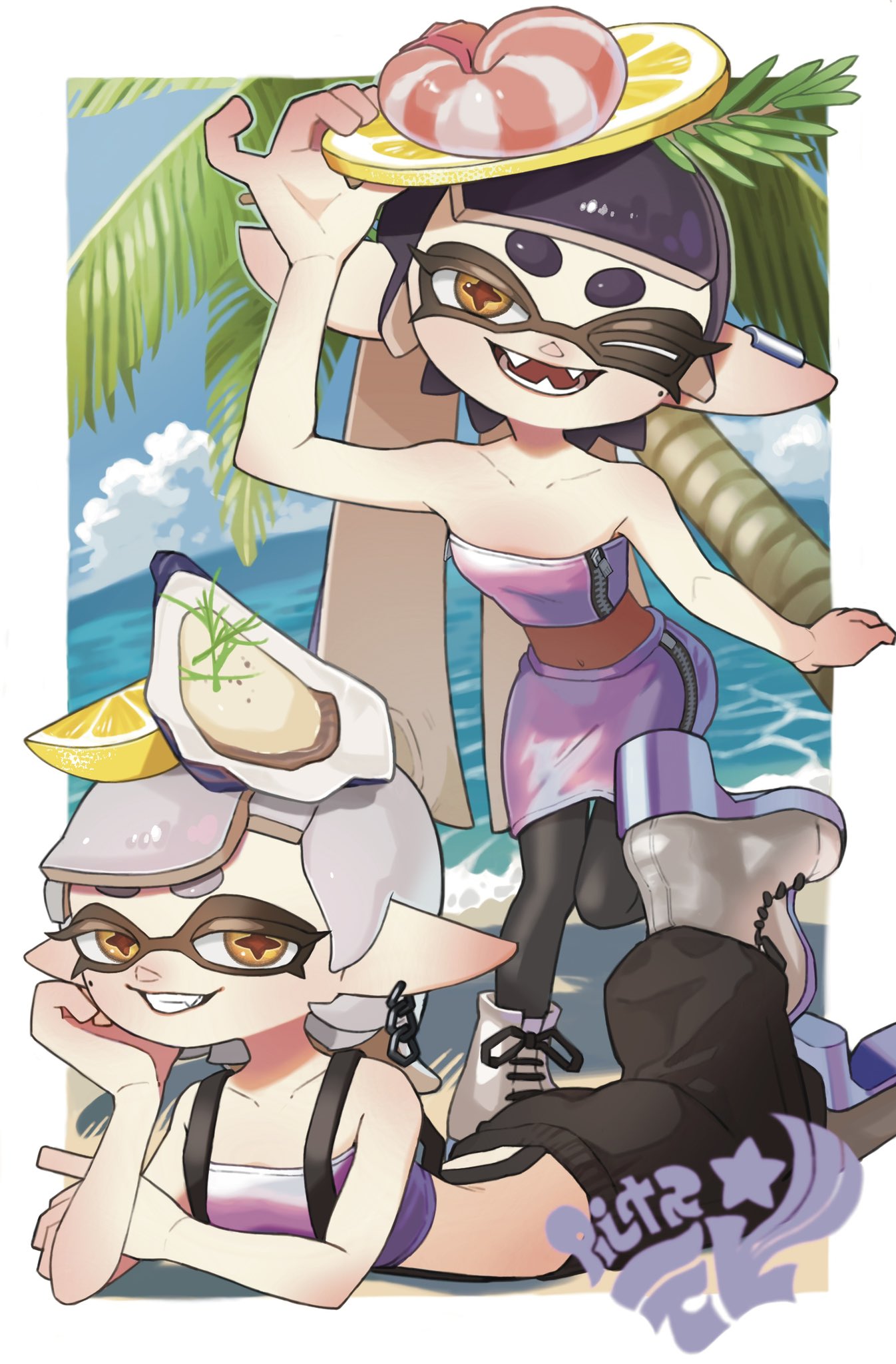 2girls, adjusting_clothes, adjusting_headwear, alternate_costume, alternate_hairstyle, arm_up, baggy_pants, bandeau, beach, black_hair, bodystocking, callie_(splatoon), collarbone, cousins, ear_piercing, fangs, food, food_on_head, fruit, fruit_on_head, grin, hand_on_headwear, highres, inkling, iridescent, lemon, lemon_slice, long_hair, looking_at_viewer, lying, marie_(splatoon), mask, mole, mole_under_eye, multiple_girls, navel, object_on_head, ocean, official_alternate_costume, on_stomach, one_eye_closed, open_mouth, oyster, palm_tree, pants, piercing, pinky_out, platform_footwear, pointy_ears, short_hair, shrimp, skirt, smile, splatoon_(series), splatoon_3, strapless, suspenders, tentacle_hair, tree, tube_top, water, white_hair, yattpki3wfyvsm5, yellow_eyes
