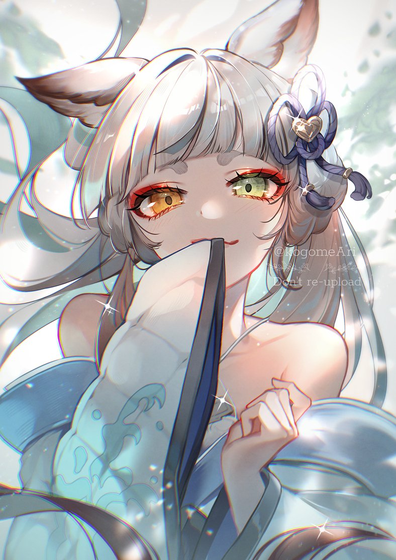 1girl, arched_bangs, bath_yukata, criss-cross_halter, erune, granblue_fantasy, halterneck, heterochromia