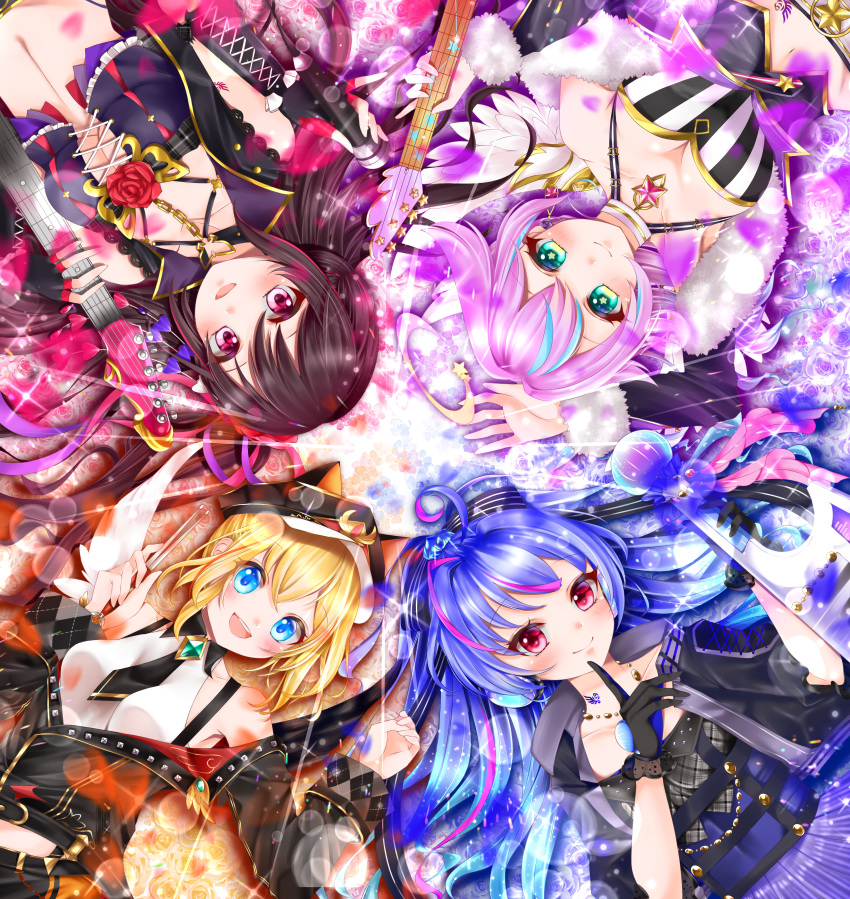 4girls, absurdres, angel, angel_wings, animal_hood, asymmetrical_wings, black_wings, blonde_hair