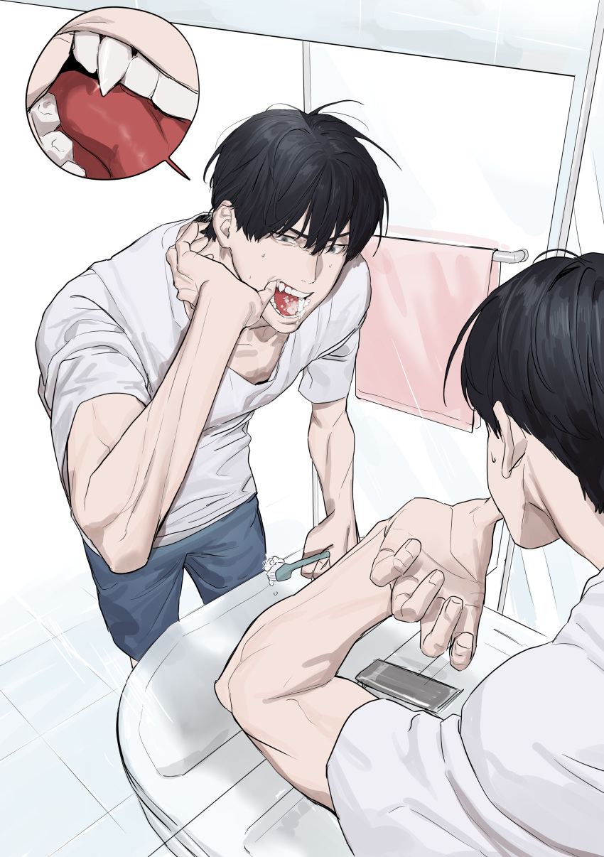 1boy, absurdres, bathroom, black_hair, blue_shorts, chamuring, fang, finger_in_own_mouth