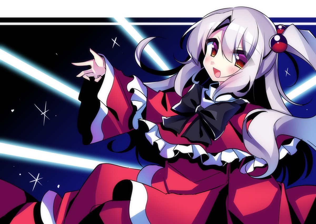 1girl, bow, dress, grey_hair, hair_bobbles, hair_ornament, kujou_mikuru, long_hair, looking_at_viewer, open_mouth, red_dress, red_eyes, shinki_(touhou), side_ponytail, smile, solo, standing, touhou, touhou_(pc-98), wings