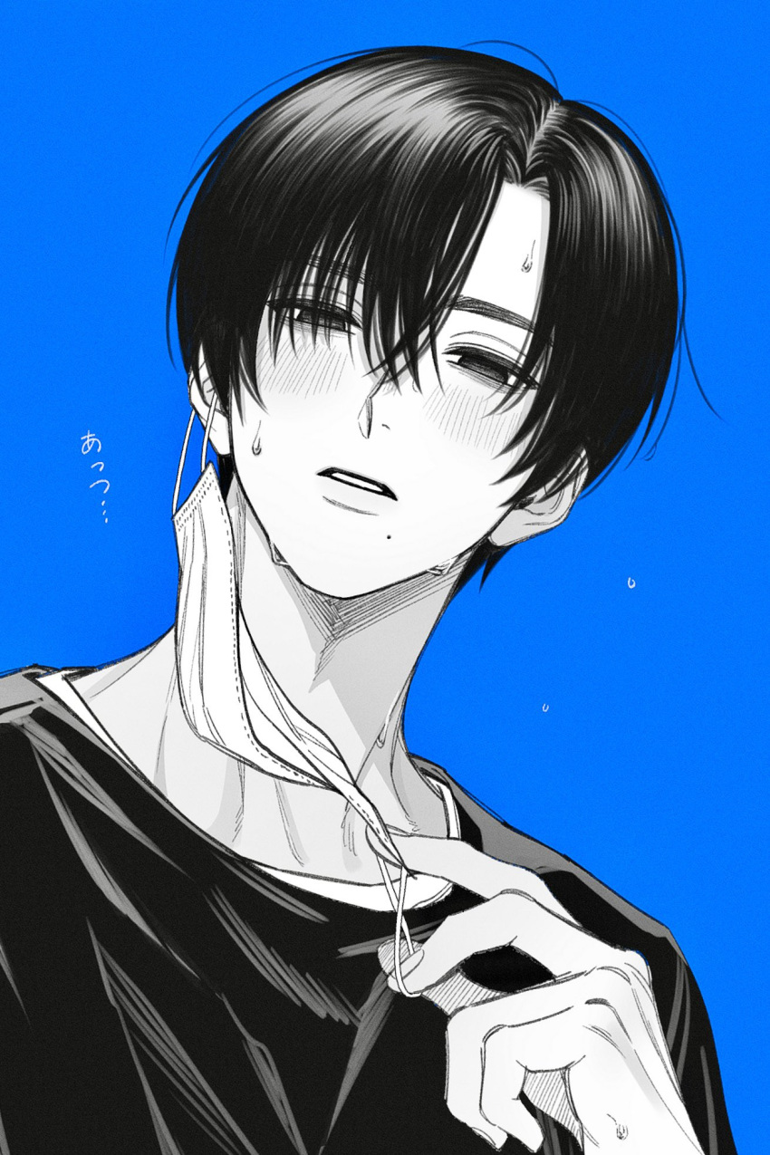 1boy, asymmetrical_bangs, blue_background, blush, crossed_bangs, expressionless, from_below, greyscale