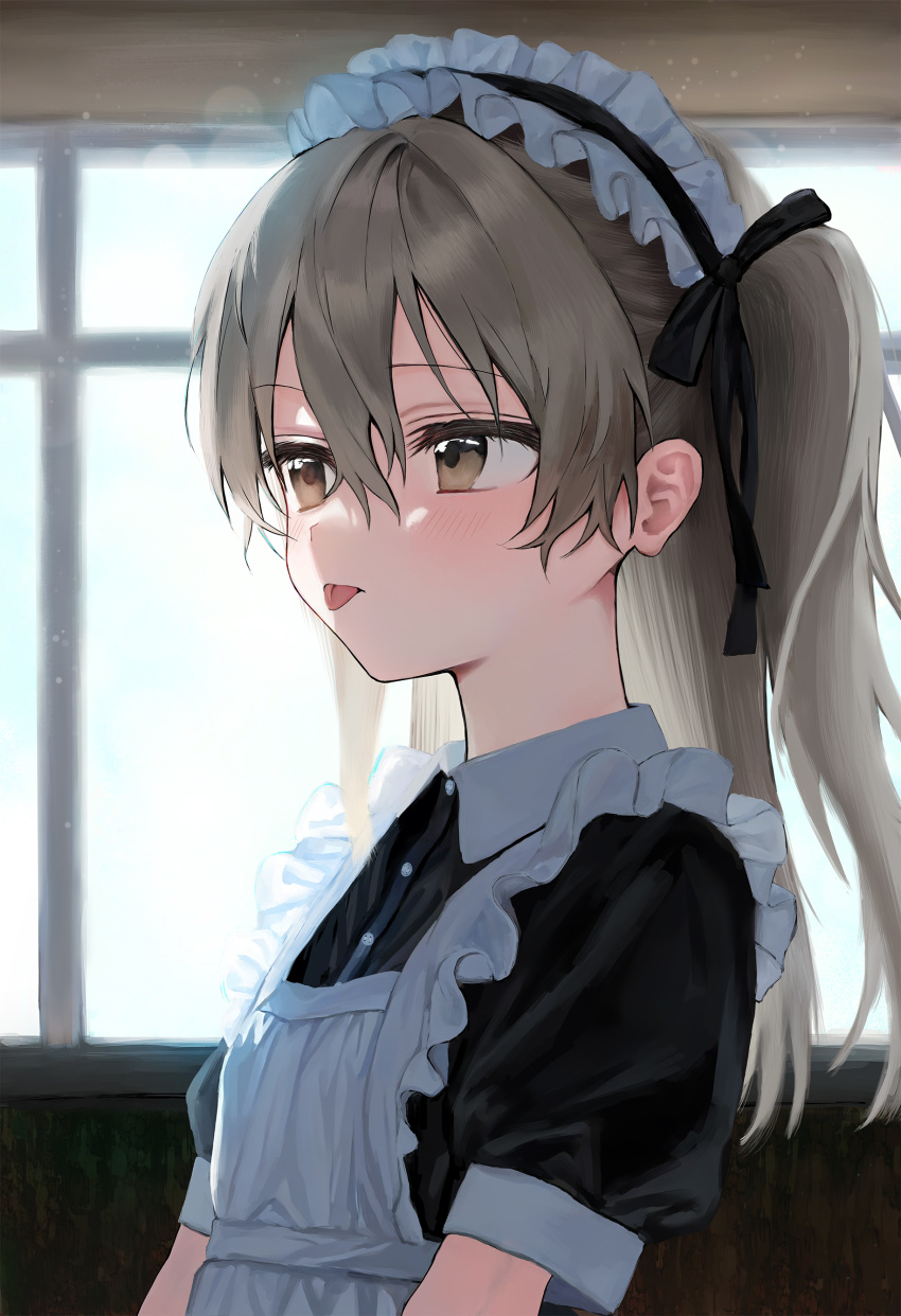 1girl, :p, absurdres, black_shirt, collared_shirt, day, girls_und_panzer, grey_eyes, grey_hair, h.yasai, highres, indoors, maid, maid_headdress, shimada_arisu, shirt, solo, tongue, tongue_out, window