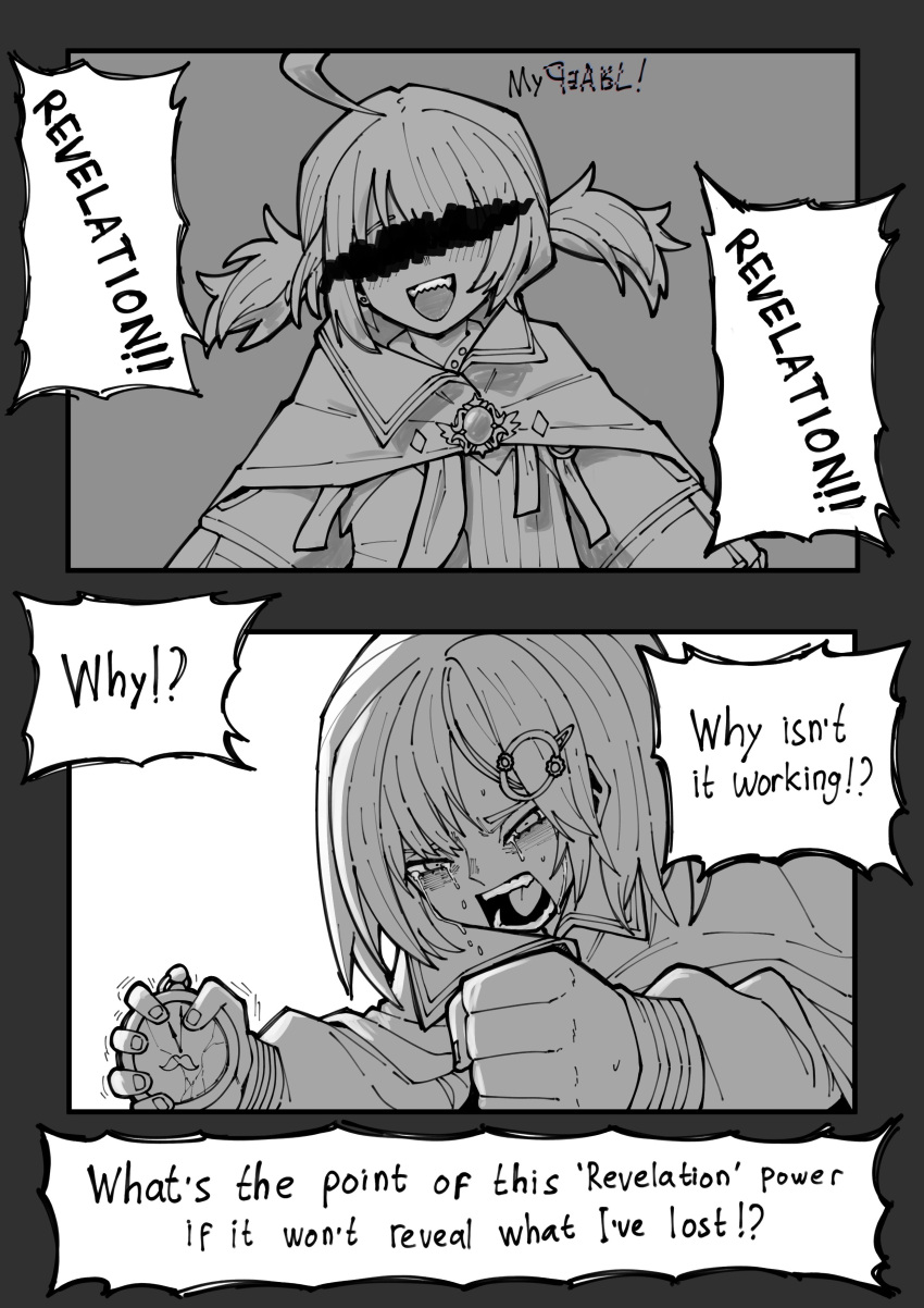 2girls, absurdres, ahoge, bob_cut, censored, crying, crying_with_eyes_open, english_text