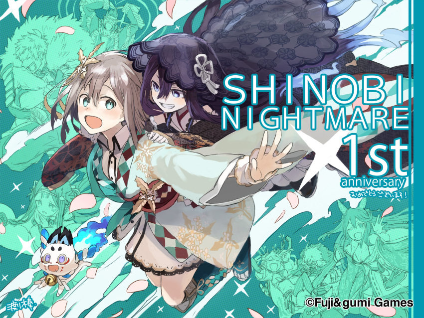 1other, 2boys, 5girls, :d, aqua_eyes, artist_name, blue_eyes, crossed_bangs