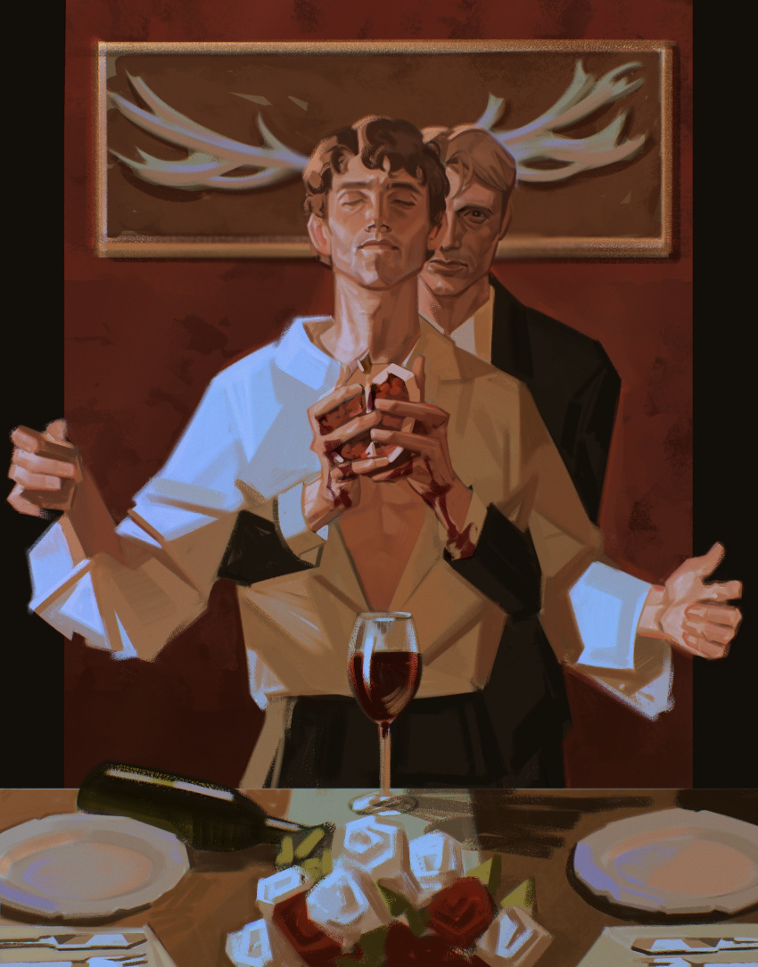 2boys, alcohol, antlers, black_eyes, black_pants, black_suit, blonde_hair, bottle