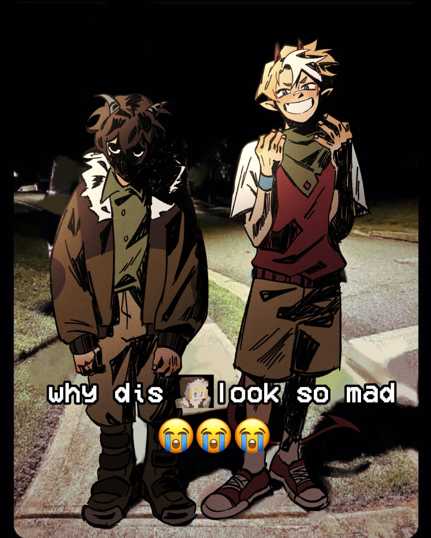 2boys, animification, blonde_hair, brown_hair, commentary, crying_emoji, cyani07, demon_boy