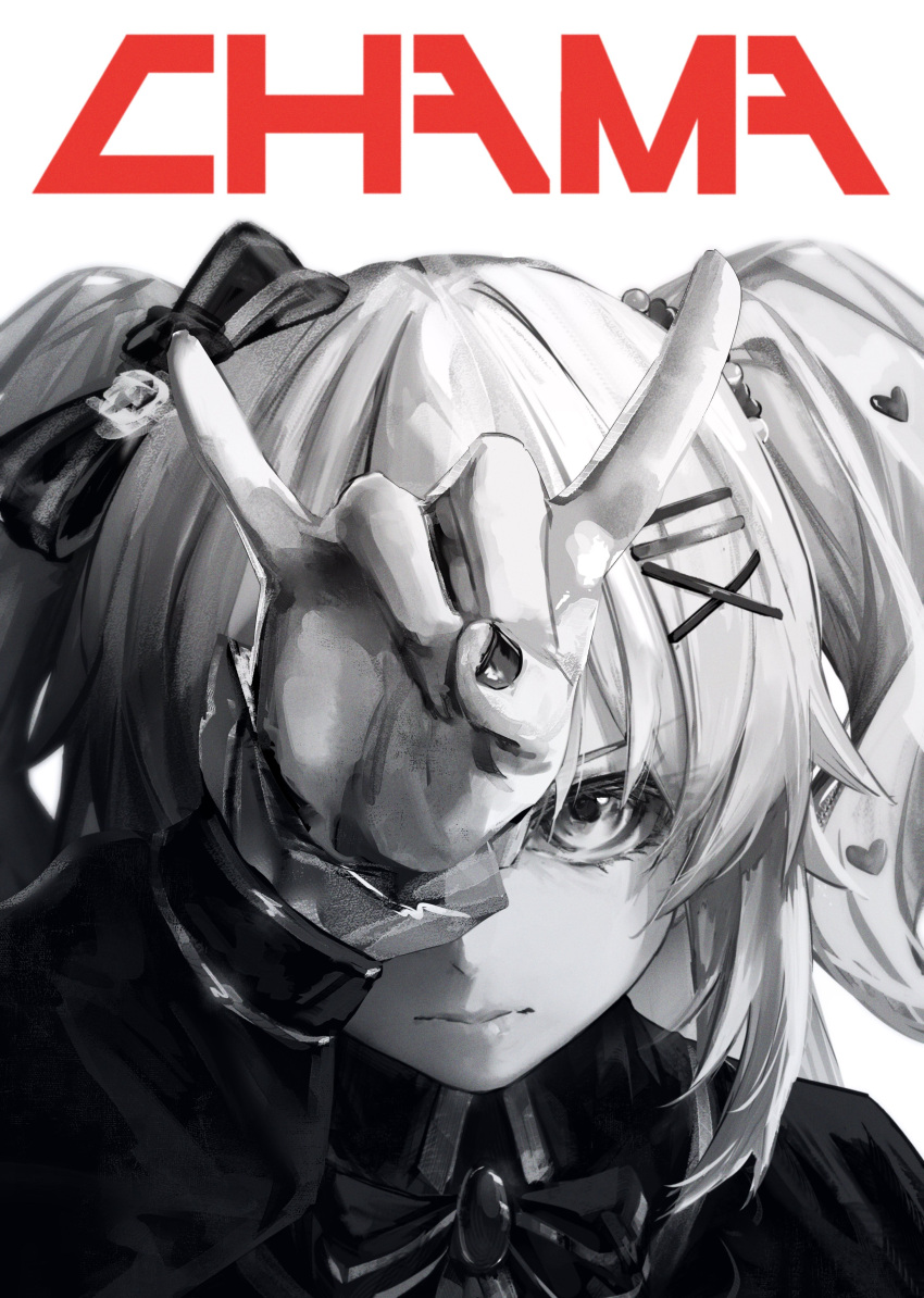 1girl, absurdres, akai_haato, akai_haato_(gothic_lolita), ascot, bow, collared_shirt, crossed_bangs, double-parted_bangs, english_text, fox_shadow_puppet, frilled_sleeves, frills, gothic_lolita, greyscale, hair_bow, hair_ornament, hairclip, heart, heart_hair_ornament, highres, hololive, hyde_(tabakko), lolita_fashion, long_sleeves, looking_at_viewer, monochrome, nail_polish, official_alternate_costume, official_alternate_hairstyle, portrait, shirt, sidelocks, simple_background, solo, twintails, two_side_up, virtual_youtuber, white_background, x_hair_ornament
