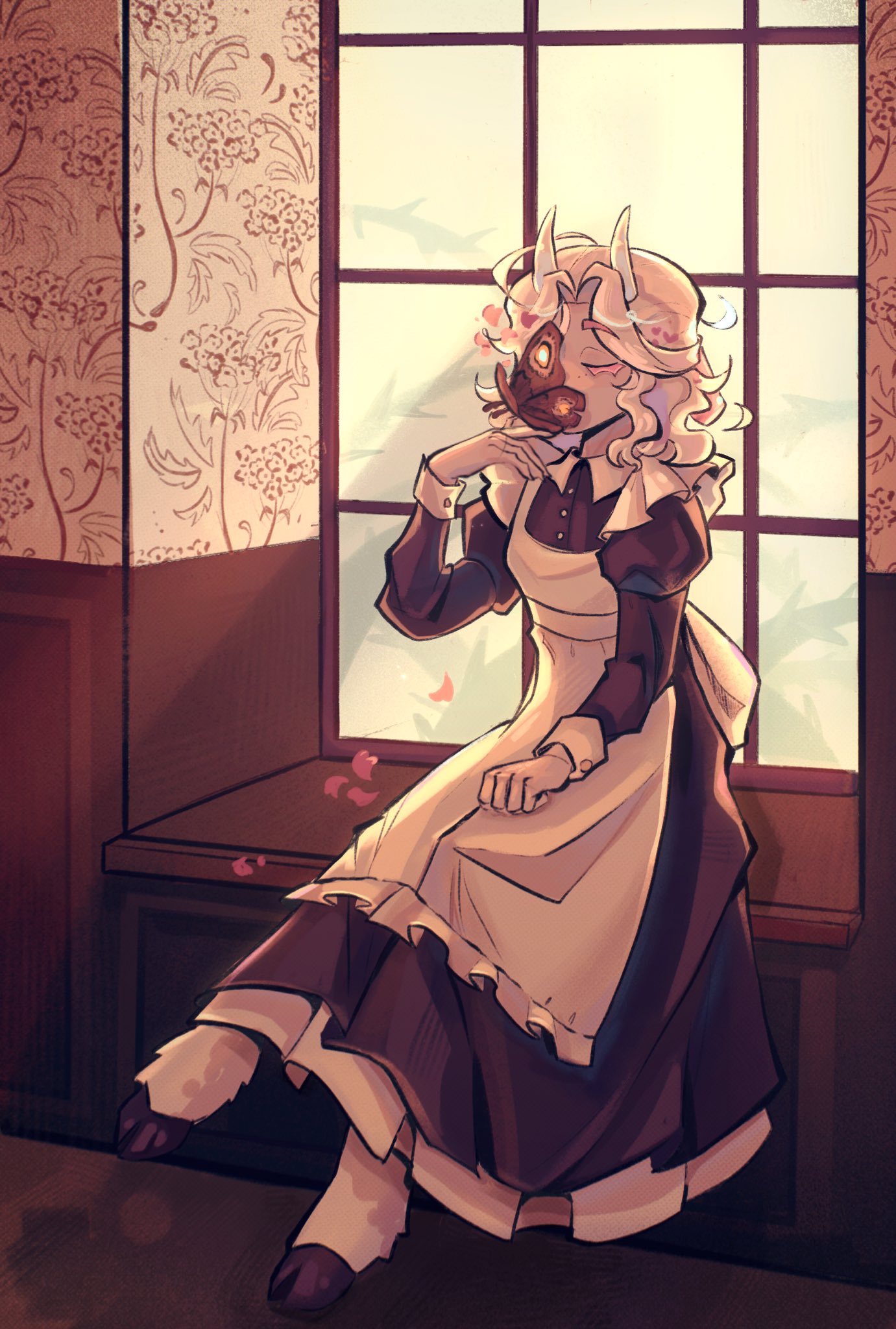 1girl, apron, bug, closed_eyes, colored_skin, commentary, crossed_legs, dress