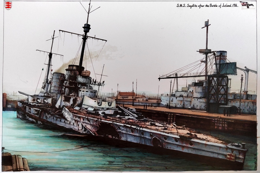 6+others, absurdres, battle_damage, battleship, chinese_commentary, commentary_request, crane_(machine), damaged, dock, english_text, highres, imperial_german_navy, kms_seydlitz, military, military_vehicle, multiple_others, oil_painting_(medium), original, painting_(medium), ship, traditional_media, turret, vehicle_focus, vehicle_name, vortex_(xu_xuanwo), warship, watercraft, world_war_i