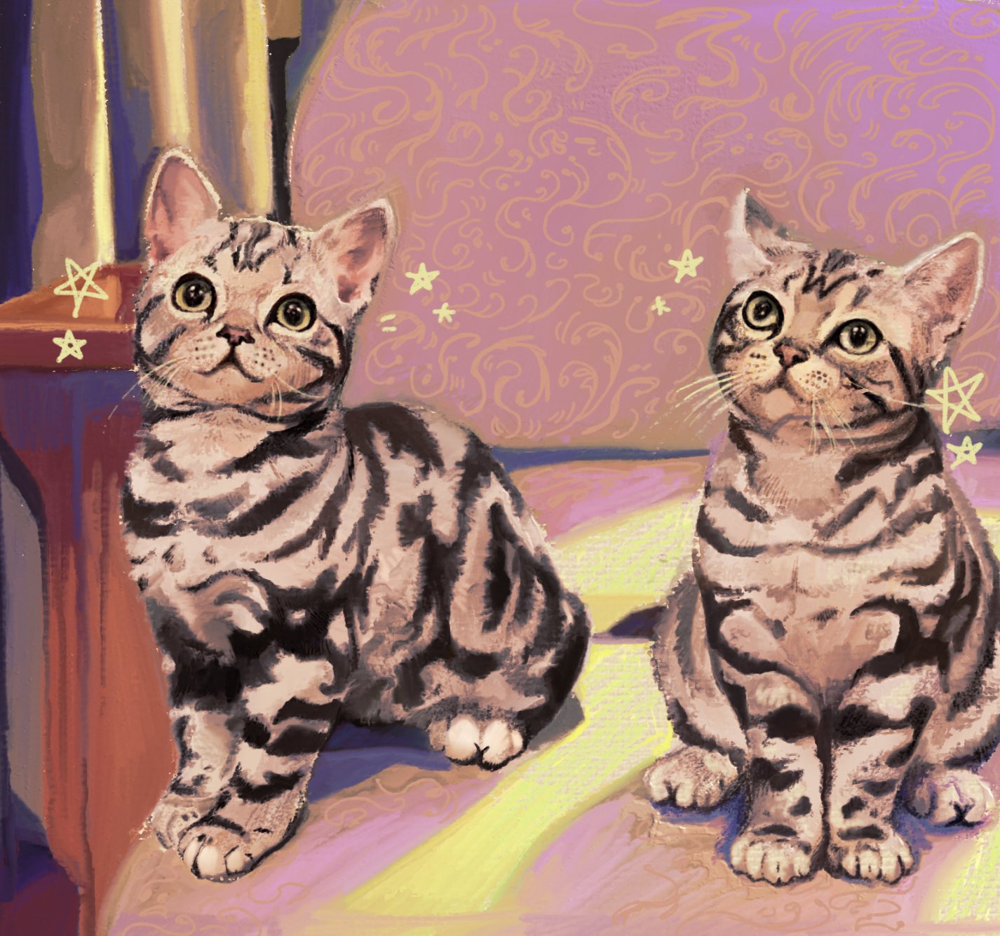 animal, animal_focus, bucket_ofcheese, cat, commentary, english_commentary, grey_cat, highres, indoors, katy_bee, kitten, looking_at_viewer, minecraft_youtube, mr._finnegan, no_humans, photo-referenced, real_life, realistic, sitting, sparkle, striped_fur, yellow_eyes