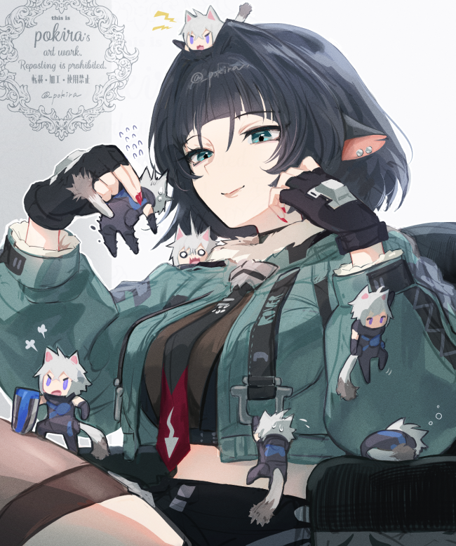 1boy, 1girl, animal_ears, black_gloves, black_hair, blue_eyes, blunt_bangs, breasts