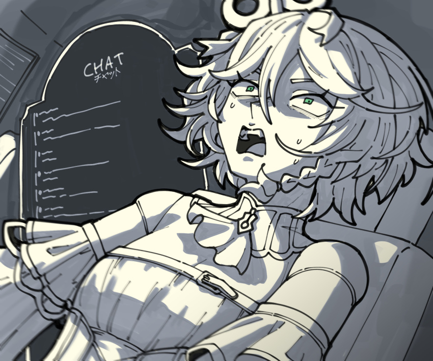 1girl, ascot, braid, cecilia_immergreen, constricted_pupils, detached_collar, detached_sleeves, doll, doll_joints, green_eyes, greyscale, gundam, gundam_g_no_reconguista, hair_between_eyes, highres, hololive, hololive_english, i'm_a_genius!_oh_no!_(meme), joints, meme, monochrome, open_mouth, oruruca86, shirt, short_hair, side_braid, single_braid, sleeveless, sleeveless_shirt, solo, spot_color, strapless, strapless_shirt, upper_body, virtual_youtuber, winding_key