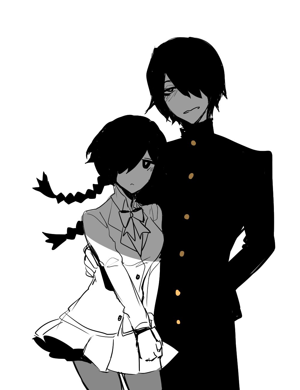 1boy, 1girl, arm_behind_back, bags_under_eyes, bow, bowtie, braid, brother_and_sister