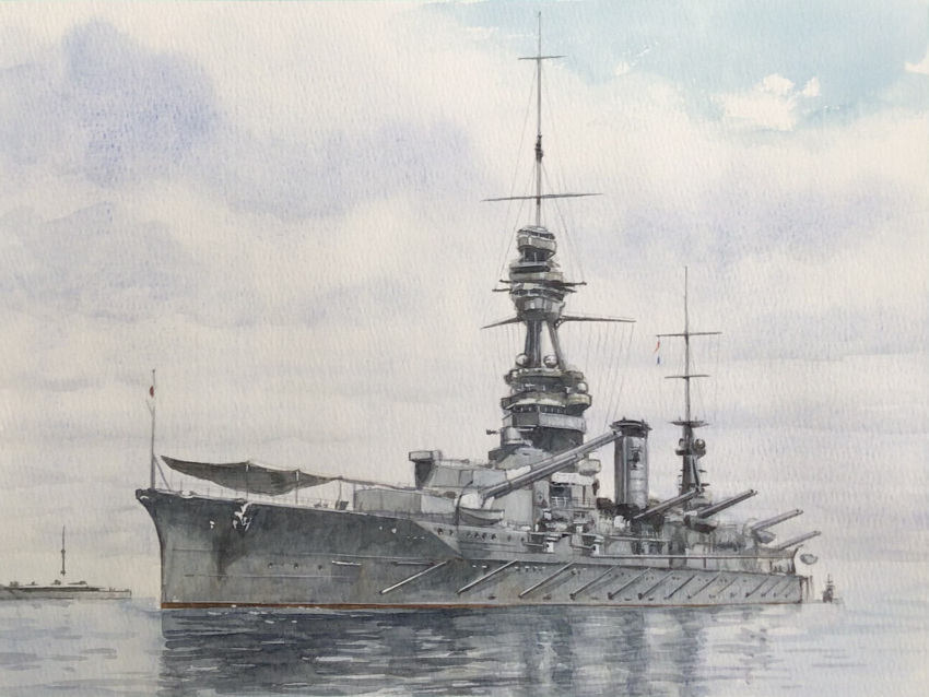 aiming, atoriebono, battleship, cannon, clouds, cloudy_sky, hiei_(battleship), highres