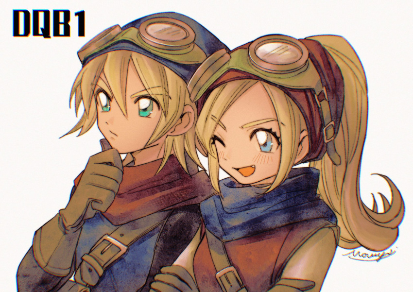 1boy, 1girl, aqua_eyes, artist_name, blonde_hair, blue_eyes, blue_hat, blue_neckerchief