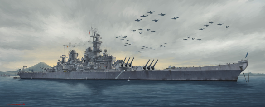 arctan_2_alpha, battleship, clouds, cloudy_sky, dawn, f6f_hellcat, historical_event, japan, military, military_vehicle, mount_fuji, ocean, original, ship, sky, united_states_navy, uss_missouri_(bb-63), victory_over_japan_day, warship, watercraft, world_war_ii