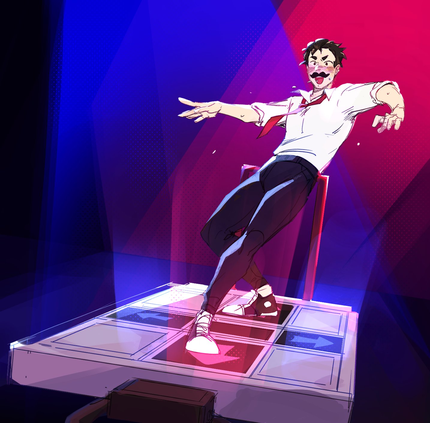 1boy, black_background, black_hair, black_pants, blush, commentary, dance_dance_revolution, dance_pad