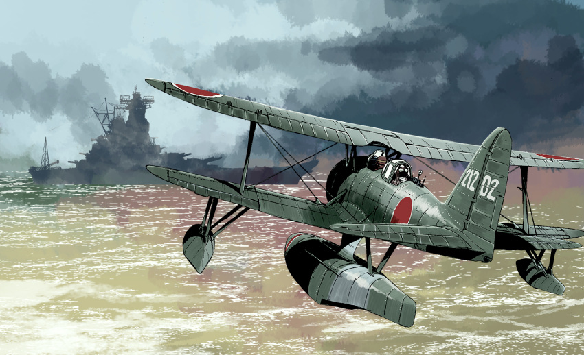 2boys, aircraft, airplane, aviator_sunglasses, battleship, biplane, clouds, cloudy_sky