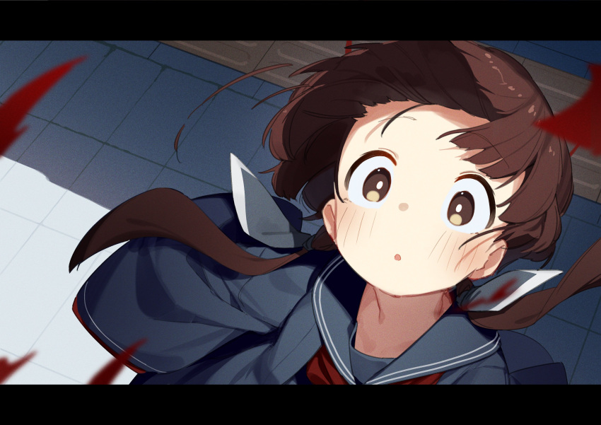 1girl, :o, absurdres, blue_shirt, blush, bright_pupils, brown_eyes, brown_hair