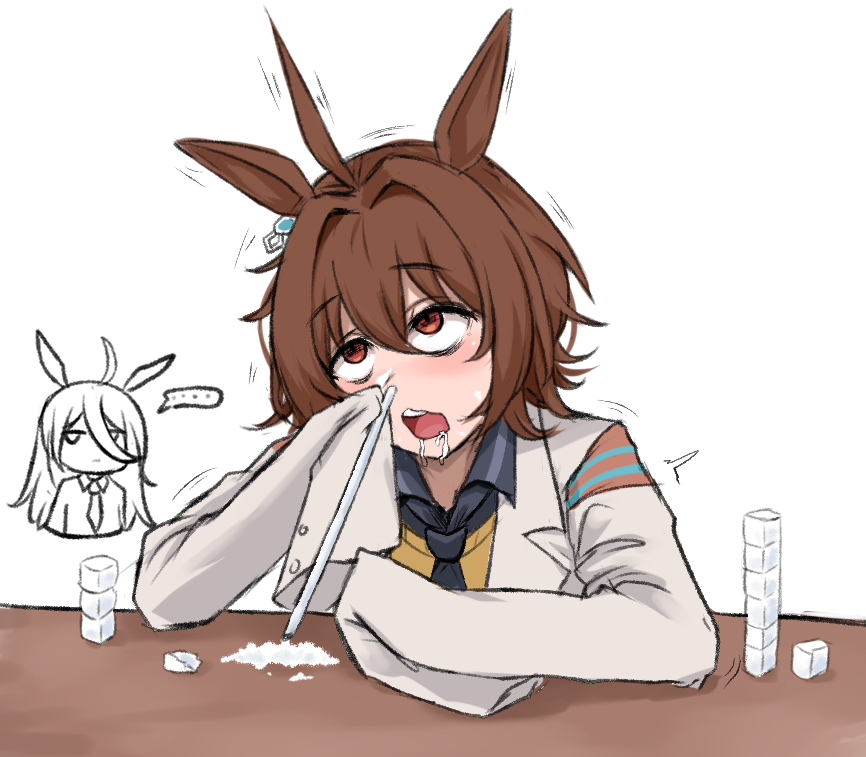 ..., 2girls, agnes_tachyon_(umamusume), ahoge, animal_ears, black_necktie, brown_hair, collared_shirt