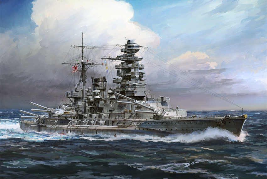 acrylic_paint_(medium), aiming, battleship, cannon, clouds, cloudy_sky, imperial_japanese_army, kurokawa_takeshi
