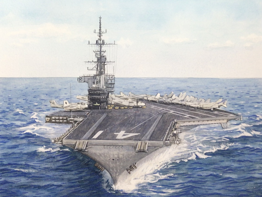 a-6_intruder, aircraft_carrier, atelier_bono, f-8_crusader, highres, jet_airliner, military_vehicle, no_humans