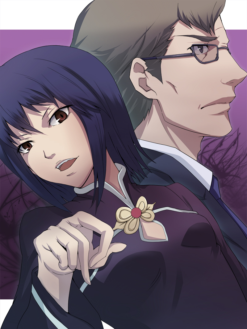blue_hair, brown_eyes, brown_hair, canaan, china_dress, chinese_clothes, cummings, glasses, liang_qi, pokimari, profile, short_hair