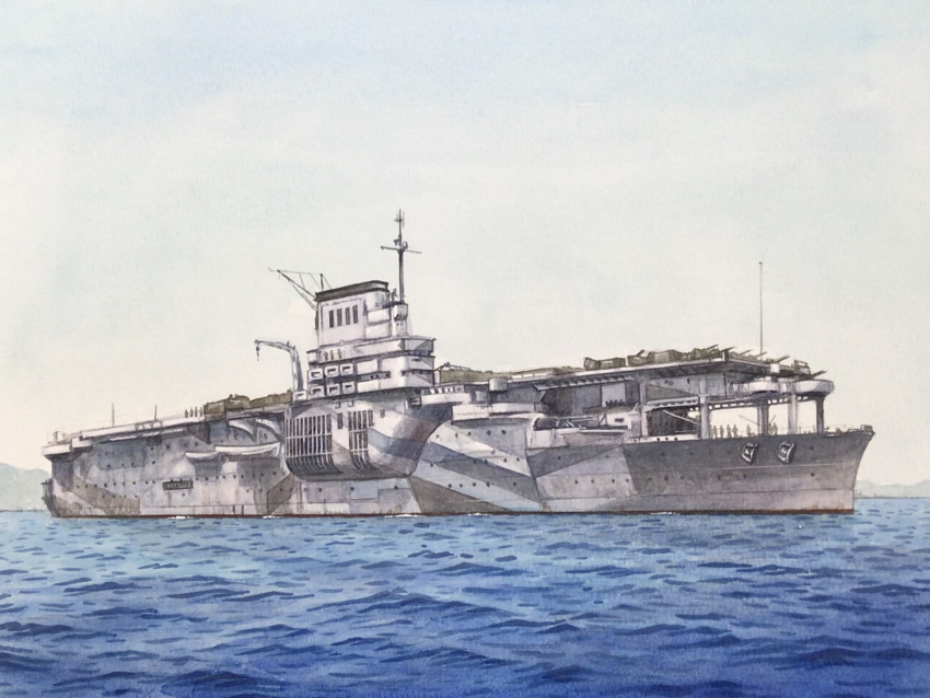 aircraft_carrier, atelier_bono, bearn_(aircraft_carrier), camouflage, french_navy, highres, military_vehicle, no_humans