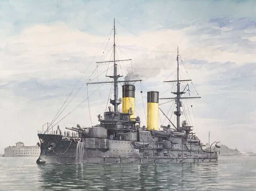 atelier_bono, battleship, building, clouds, crowd, highres, imperial_russian_navy, lifeboat, mast, military_vehicle, ocean, original, oryol_(battleship), painting_(medium), port, ship, smokestack, traditional_media, vehicle_focus, warship, watercolor_(medium), watercraft