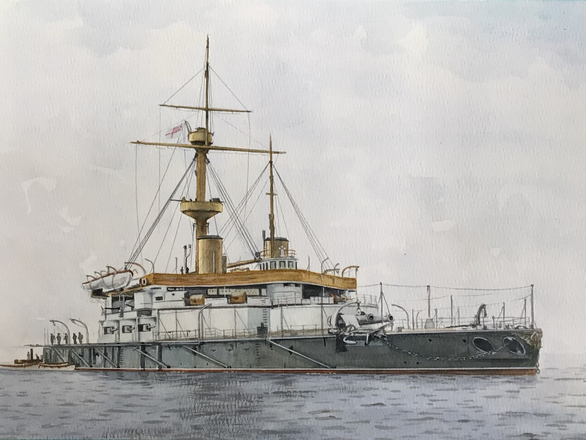 atelier_bono, boat, cannon, highres, hms_trafalgar_(1887), ironclad, mast, ocean
