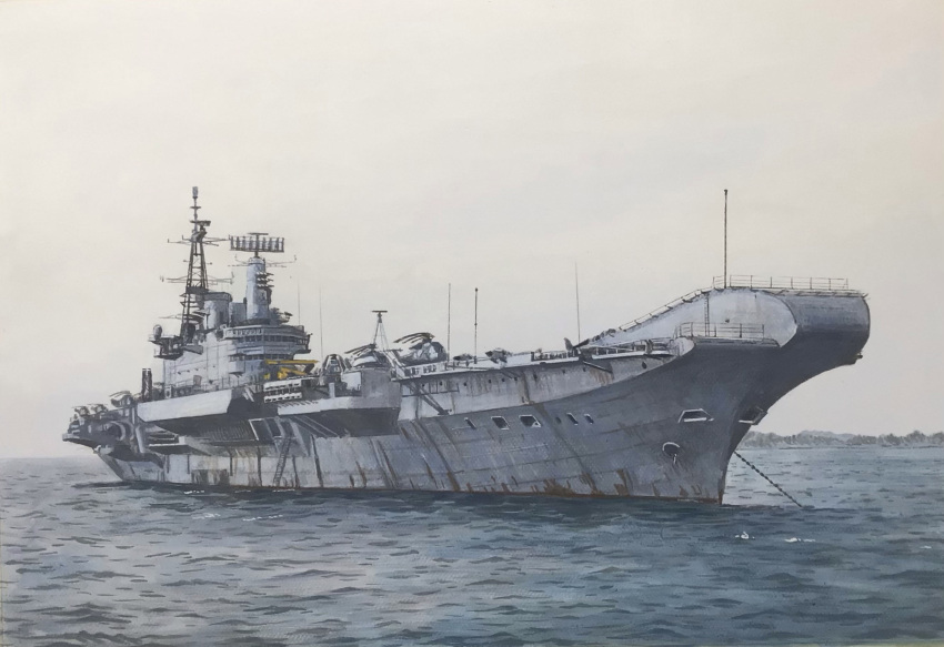 acrylic_paint_(medium), aircraft, aircraft_carrier, atelier_bono, helicopter, highres, hms_hermes_(r12), military_vehicle