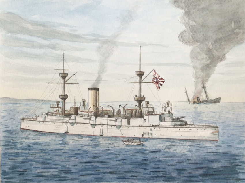 atelier_bono, cannon, clouds, cruiser, flag, highres, imperial_japanese_navy, mast
