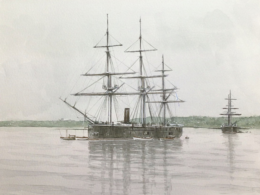 atelier_bono, highres, imperial_russian_navy, ironclad, knyaz_pozharsky_(ironclad), mast, military_vehicle, no_humans