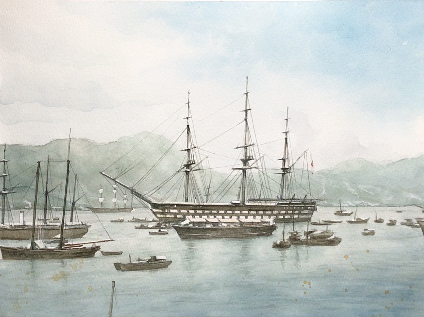 atelier_bono, boat, highres, hms_rodney_(1833), mast, military_vehicle, mountainous_horizon, no_humans
