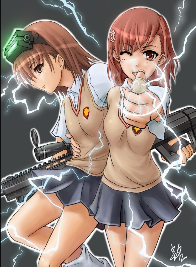.50_bmg, .50_cal, anti-materiel_rifle, barrett_m82, biribiri, brown_eyes, brown_hair, coin, electricity, gun, hair_ornament, hairclip, head_mounted_display, hug, mingfeng, misaka_imouto, misaka_mikoto, multiple_girls, pleated_skirt, rifle, school_uniform, siblings, sisters, skirt, sniper_rifle, sweater_vest, to_aru_majutsu_no_index, weapon, wink