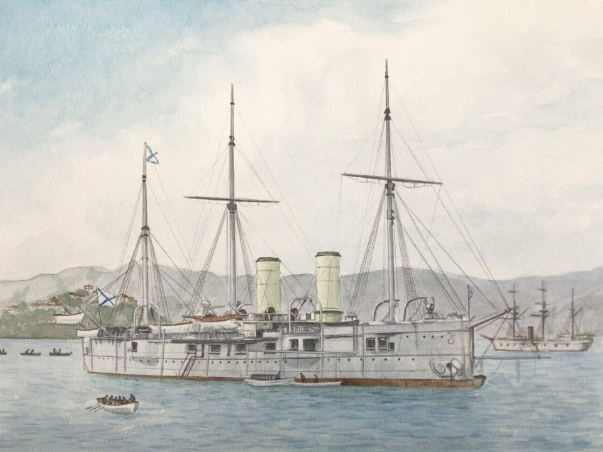 atelier_bono, boat, cannon, cruiser, flag, highres, imperial_russian_navy, mast