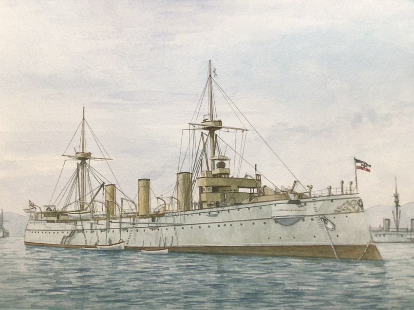 atelier_bono, boat, cannon, highres, imperial_german_navy, ironclad, mast, military_vehicle, ocean, original, painting_(medium), port, ship, smokestack, sms_kaiserin_augusta, traditional_media, turret, warship, watercolor_(medium), watercraft