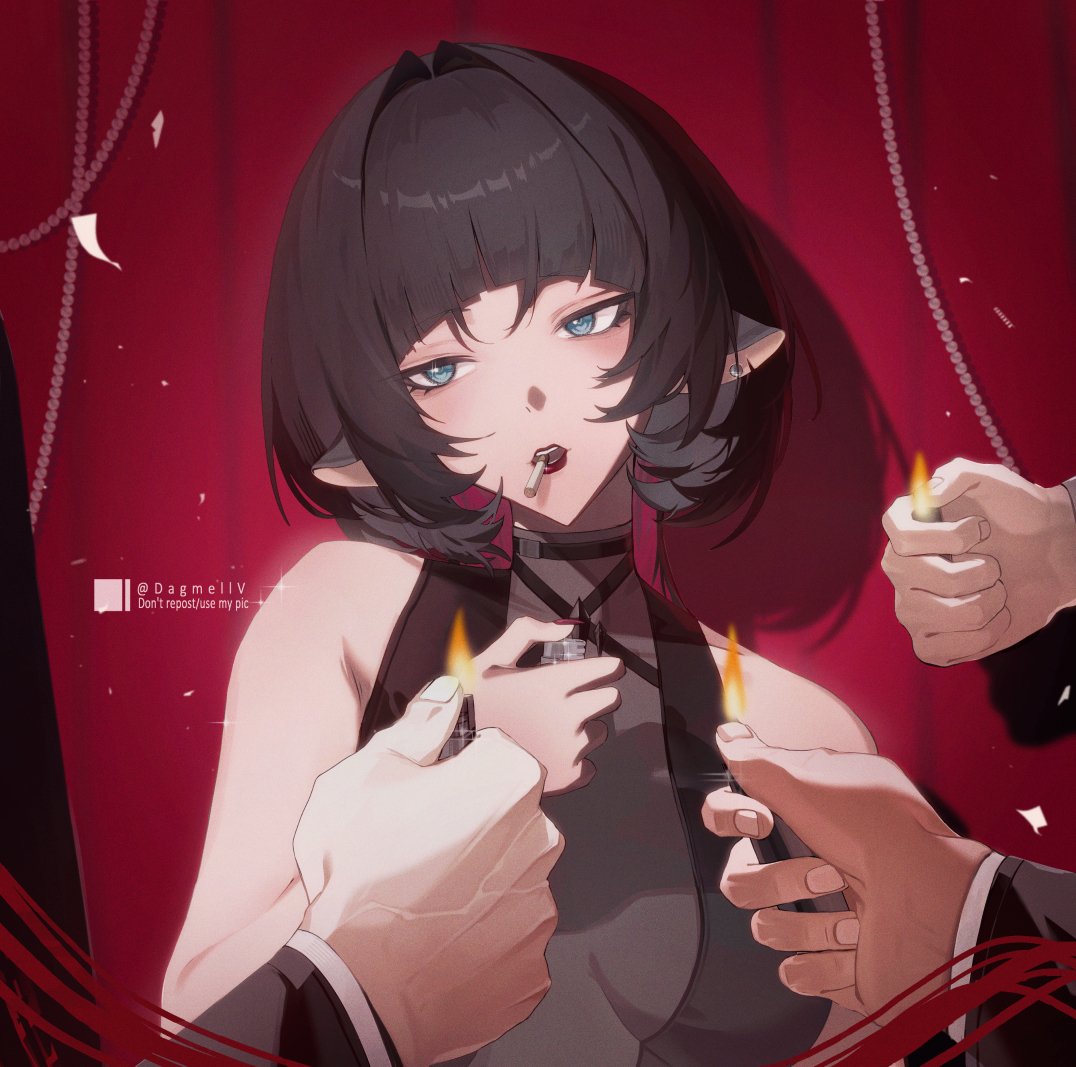 1girl, 2others, animal_ears, artist_name, black_hair, blunt_bangs, curtains, dagmellv, english_commentary, fingernails, green_eyes, hashtag-only_commentary, holding, holding_lighter, jane_doe_(zenless_zone_zero), light_blush, lighter, long_hair, looking_at_viewer, mouse_ears, mouse_girl, multiple_others, open_mouth, red_nails, shadow, sidelocks, solo_focus, upper_body, zenless_zone_zero