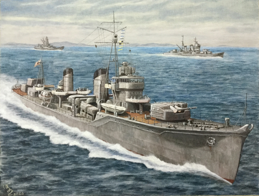 acrylic_paint_(medium), atelier_bono, cannon, clouds, cloudy_sky, hatsukaze_(destroyer), highres, imperial_japanese_army, mikuma_(cruiser), musashi_(battleship), original, painting_(medium), sky, smokestack, torpedo_tubes, traditional_media, turret, vehicle_focus, world_war_ii