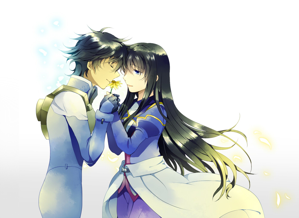 1girl, black_hair, blue_eyes, closed_eyes, couple, eyes_closed, flower, gloves