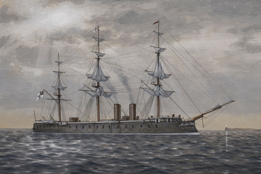 acrylic_paint_(medium), atelier_bono, highres, imperial_german_navy, ironclad, mast, military_vehicle, no_humans