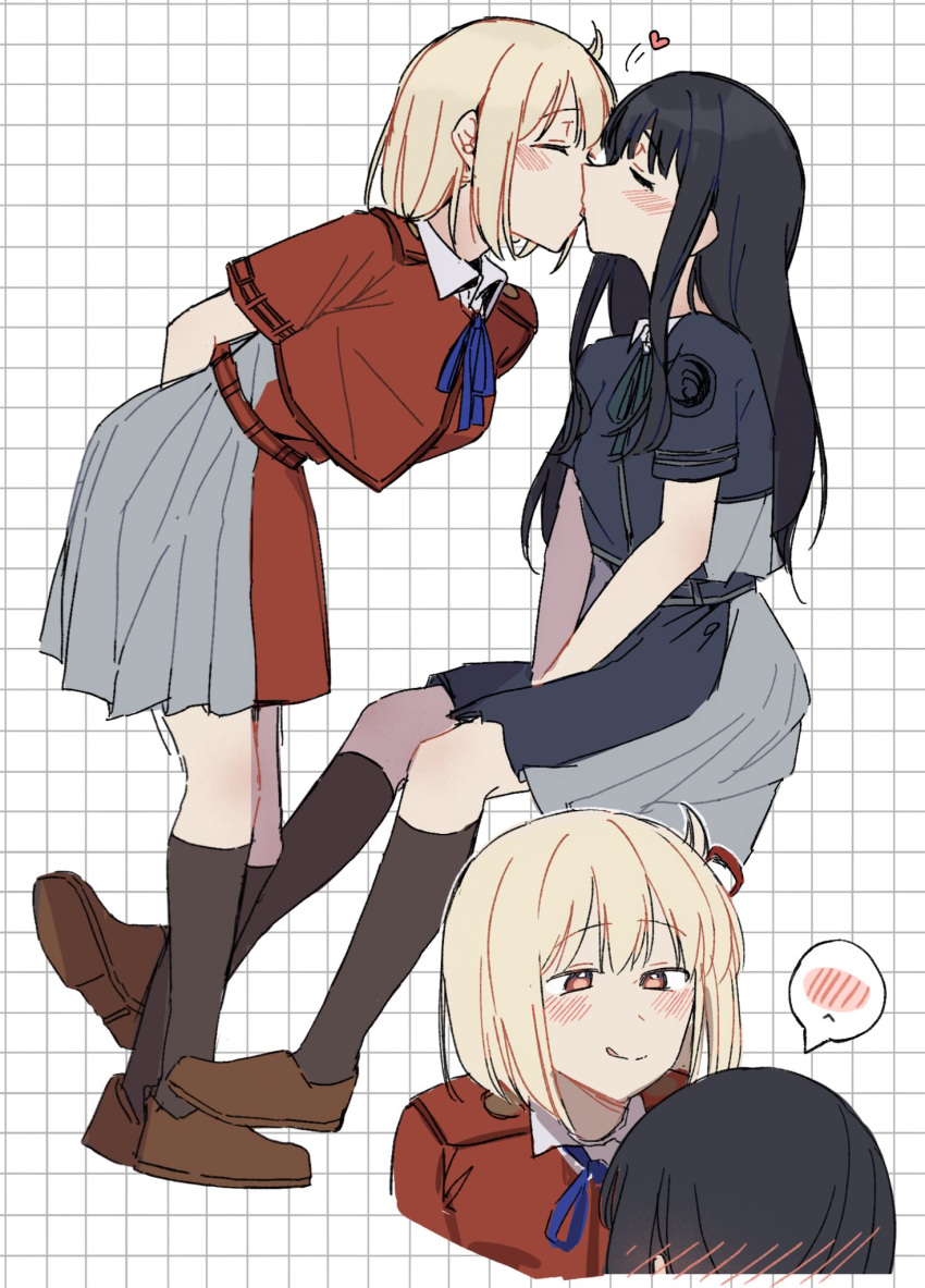 2girls, arms_behind_back, black_hair, blonde_hair, blue_dress, blue_ribbon, blush, brown_footwear